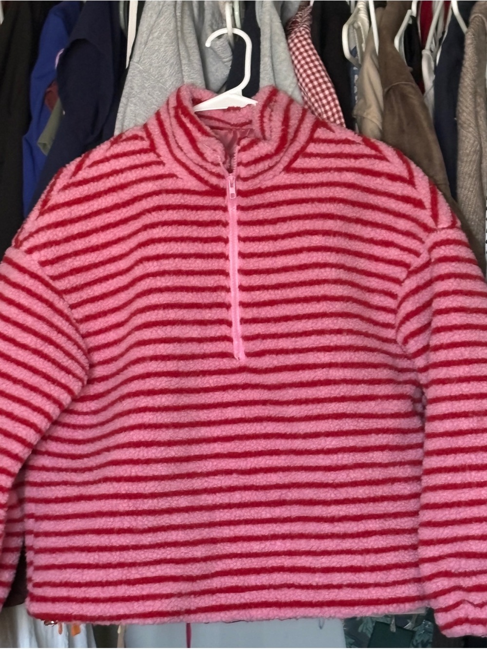 Pink and Red Striped Fleece Half-Zip Pullover